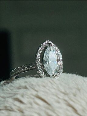 Marquise moissanite halo ring, pavé band